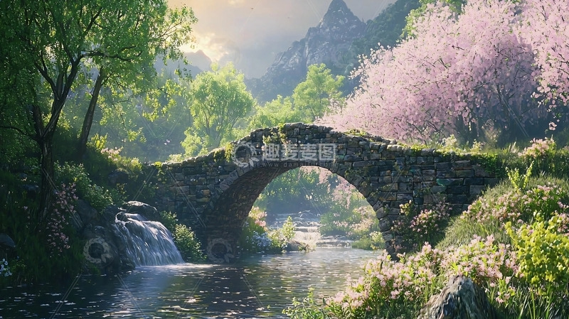 高清大图下载【趣麦麦图】春日山谷小桥流水