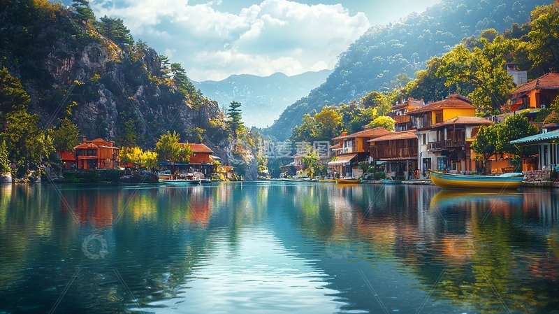 高清大图下载【趣麦麦图】山间河流房屋倒影