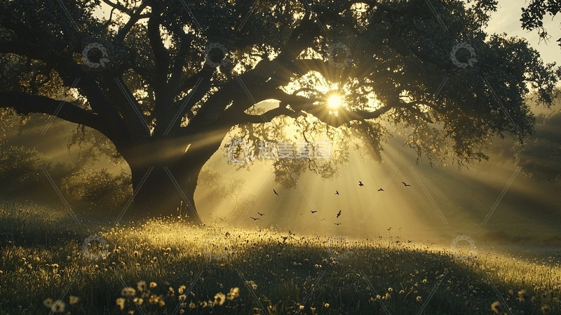 高清大图下载【趣麦麦图】晨曦透过树叶洒下金光