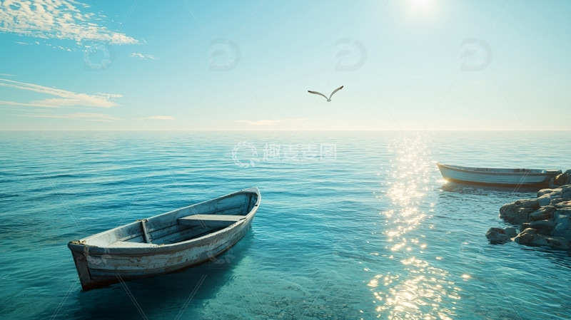 高清大图下载【趣麦麦图】阳光下的海面小船