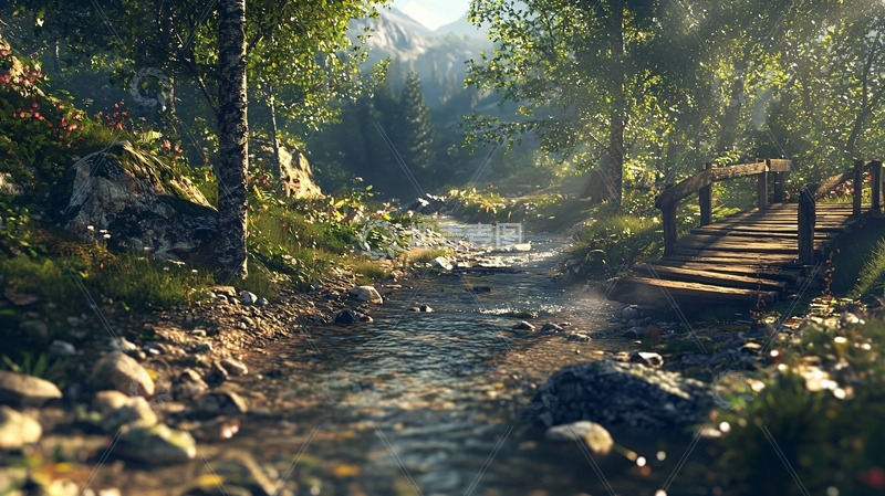 高清大图下载【趣麦麦图】森林小溪木桥