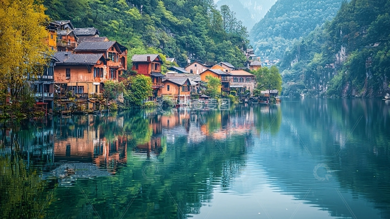 山间湖边彩色木屋倒影