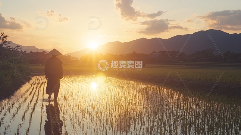 高清大图下载【趣麦麦图】夕阳下稻田里的人
