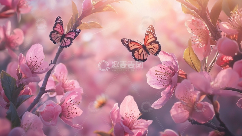 高清大图下载【趣麦麦图】粉色花朵蝴蝶阳光