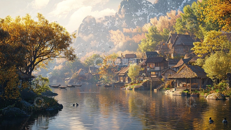 高清大图下载【趣麦麦图】秋日山谷小镇风景