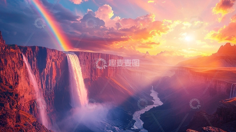 高清大图下载【趣麦麦图】彩虹瀑布日落