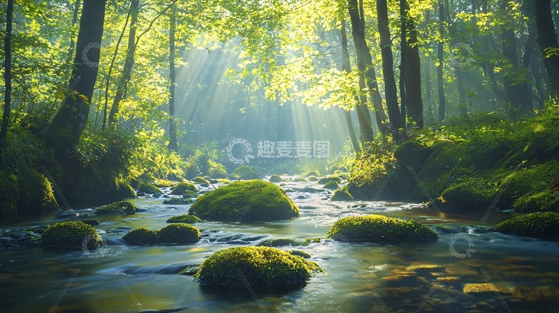 高清大图下载【趣麦麦图】森林溪流阳光