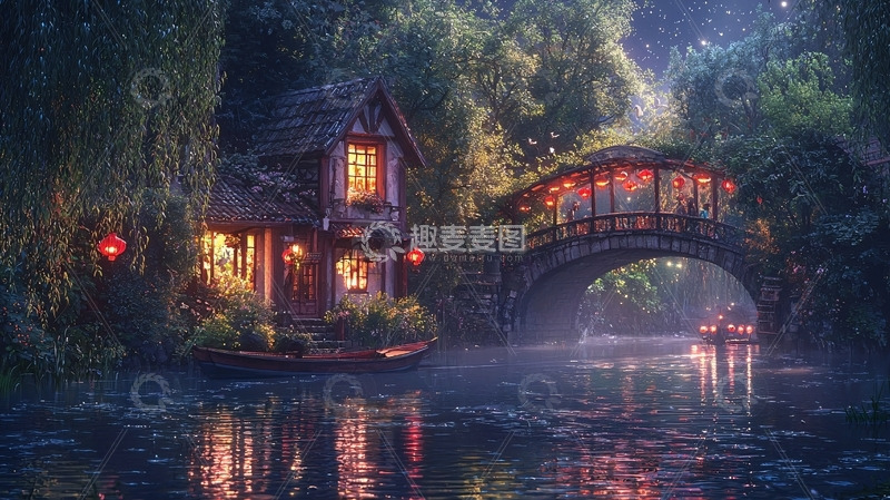 高清大图下载【趣麦麦图】夜晚森林小屋