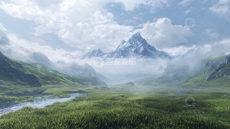 高清大图下载【趣麦麦图】山峰云雾缭绕的绿地河流