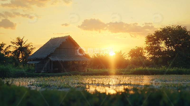 高清大图下载【趣麦麦图】日落时分的稻田小屋