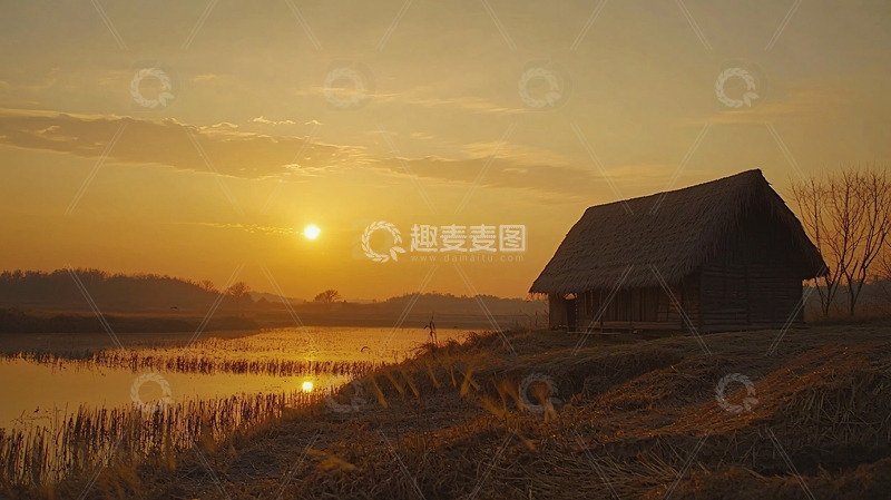 高清大图下载【趣麦麦图】日落湖边小屋