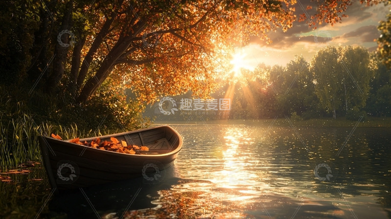 高清大图下载【趣麦麦图】秋日夕阳下的独木舟