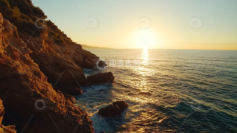 高清大图下载【趣麦麦图】海边悬崖落日余晖