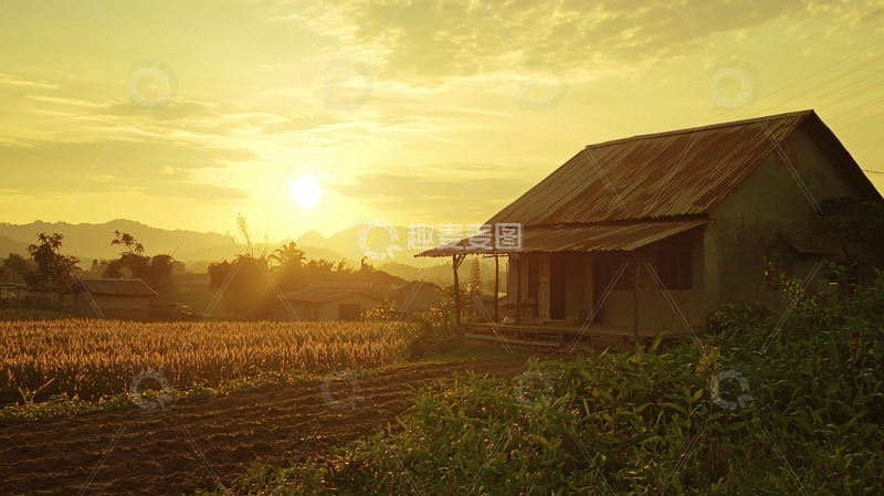 高清大图下载【趣麦麦图】日落田园小屋