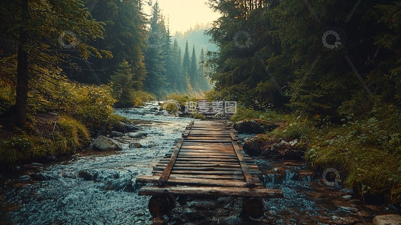 高清大图下载【趣麦麦图】森林小溪木桥
