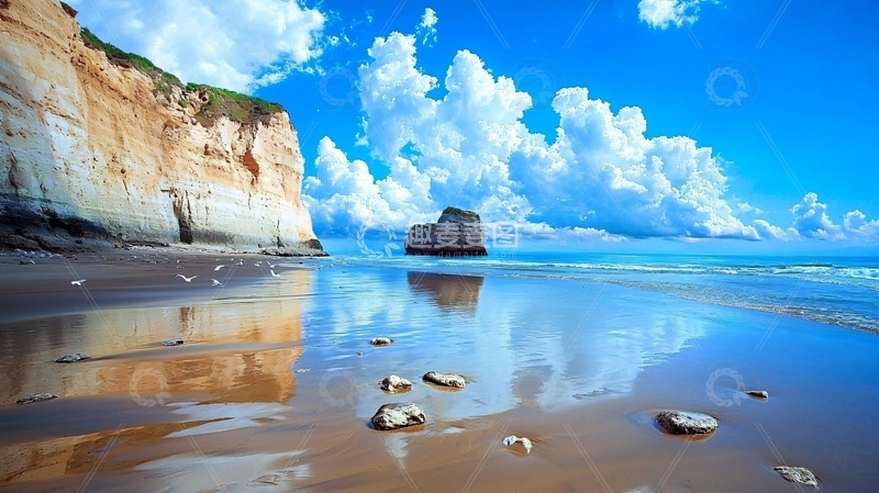 高清大图下载【趣麦麦图】海边悬崖峭壁下的平静海滩