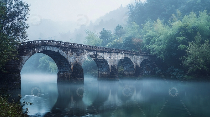 高清大图下载【趣麦麦图】雾中古桥
