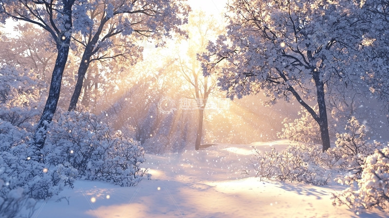 高清大图下载【趣麦麦图】冬日暖阳下的雪地森林