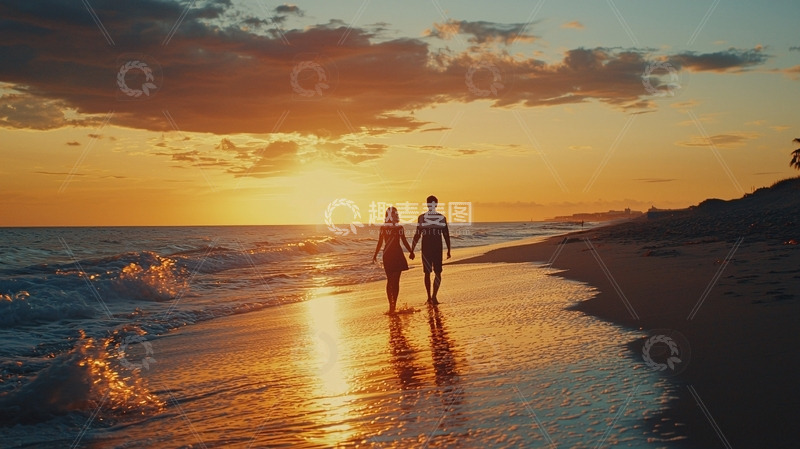 高清大图下载【趣麦麦图】夕阳下沙滩牵手漫步