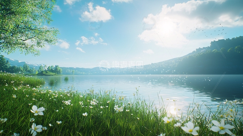 阳光明媚的湖边风景