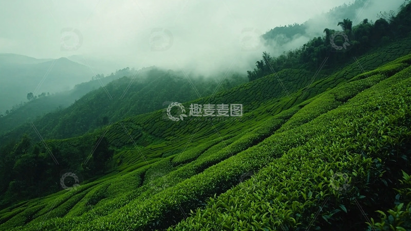 高清大图下载【趣麦麦图】雾气缭绕的山峦茶园