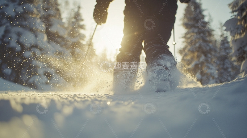 高清大图下载【趣麦麦图】夕阳雪地滑雪者背影