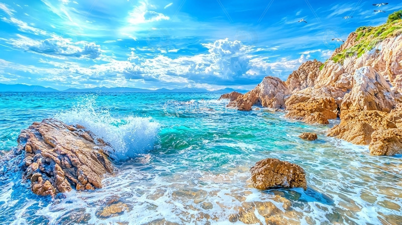 高清大图下载【趣麦麦图】阳光沙滩海浪岩石