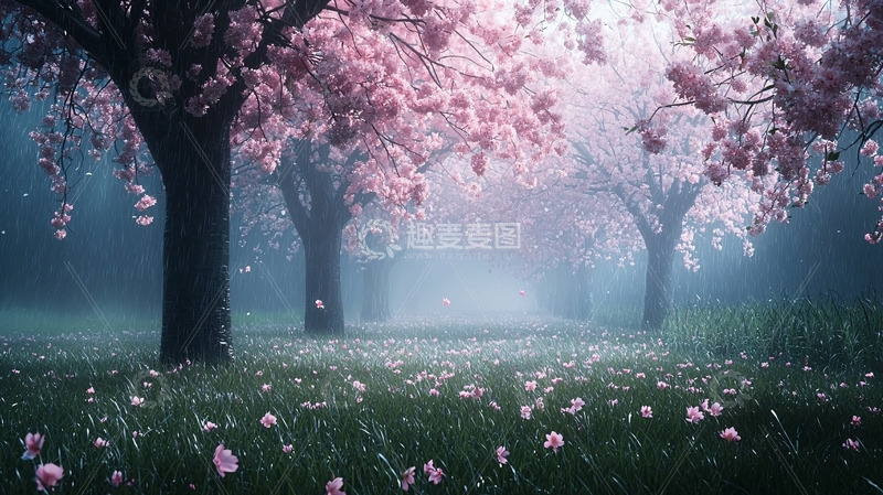 高清大图下载【趣麦麦图】雾中樱花树林