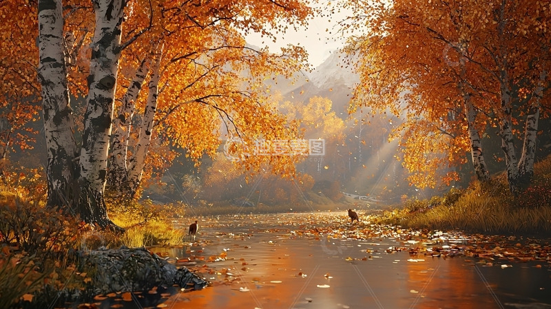 高清大图下载【趣麦麦图】秋日森林河流风景