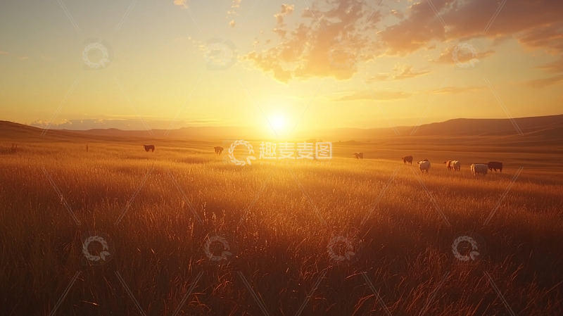 高清大图下载【趣麦麦图】夕阳下草原牛群
