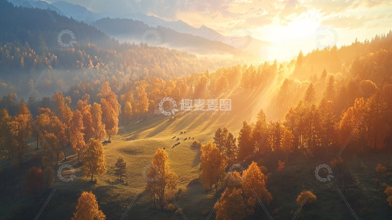 高清大图下载【趣麦麦图】山谷日出秋景图