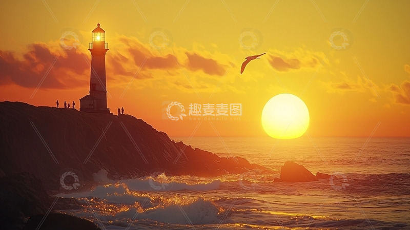 高清大图下载【趣麦麦图】日落海景灯塔剪影