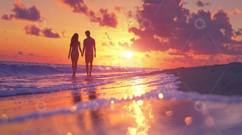 高清大图下载【趣麦麦图】夕阳下牵手漫步沙滩