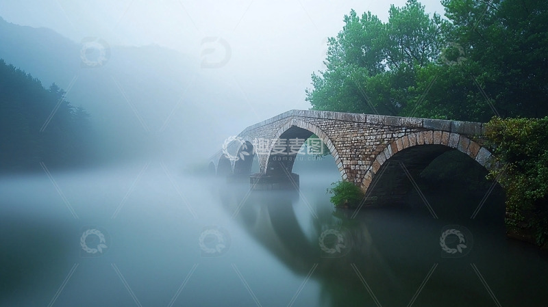 高清大图下载【趣麦麦图】雾中古桥