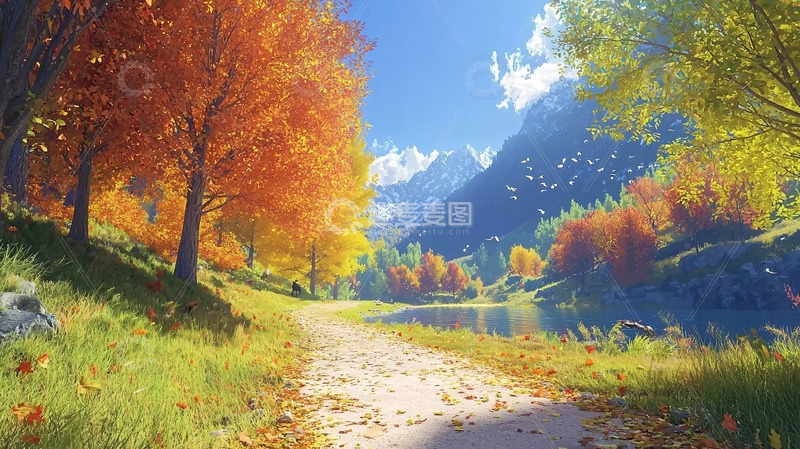 高清大图下载【趣麦麦图】秋日山谷湖边小路
