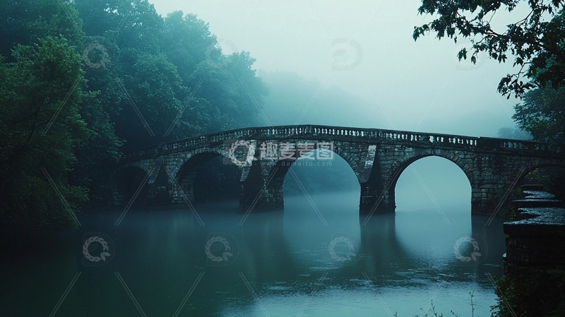 高清大图下载【趣麦麦图】雾气缭绕的古老石桥