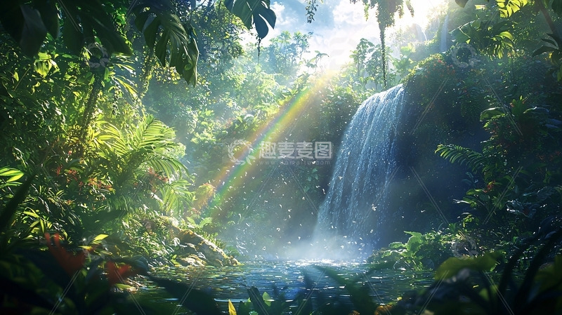 高清大图下载【趣麦麦图】热带雨林瀑布彩虹