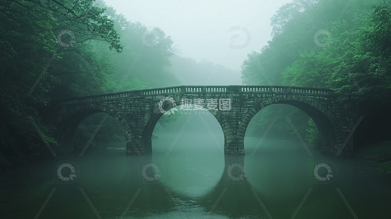 高清大图下载【趣麦麦图】雾气弥漫的古桥