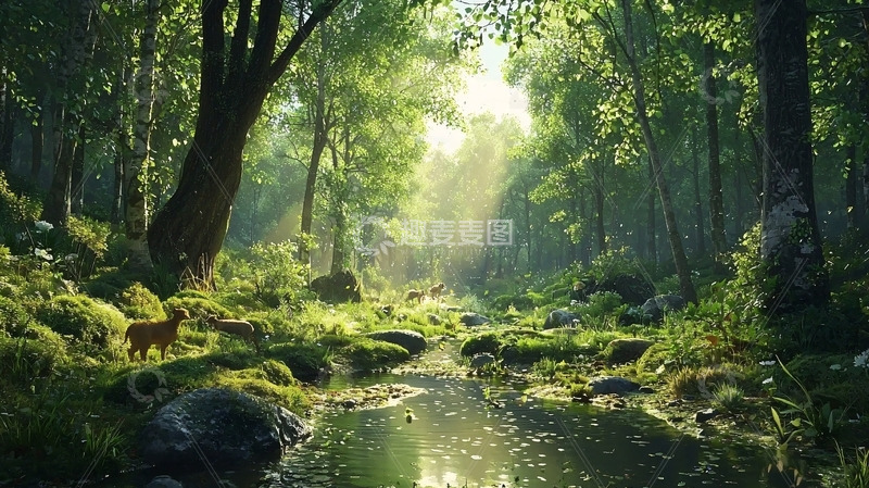 高清大图下载【趣麦麦图】阳光森林小溪鹿