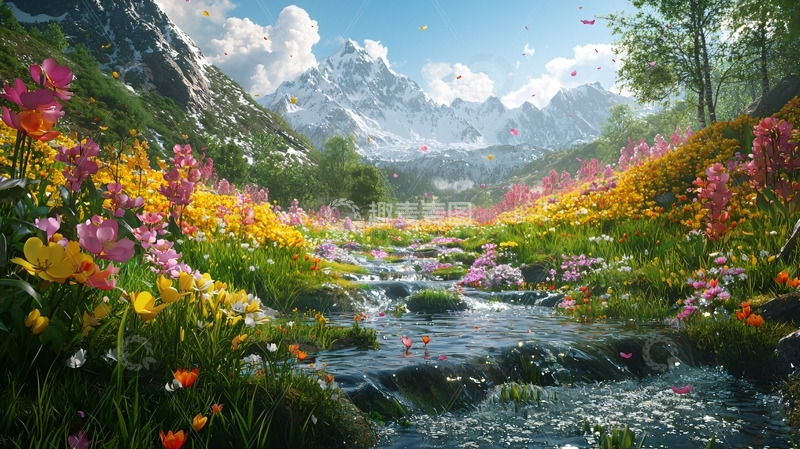 高清大图下载【趣麦麦图】山间溪流鲜花盛开