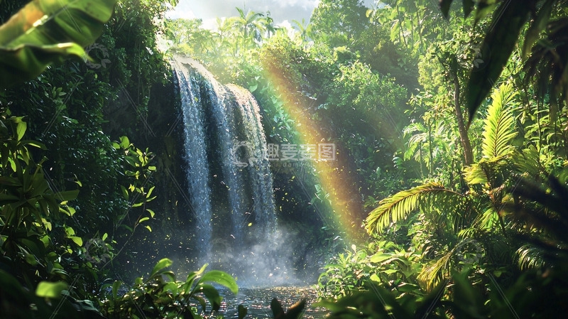 高清大图下载【趣麦麦图】热带雨林瀑布彩虹风景