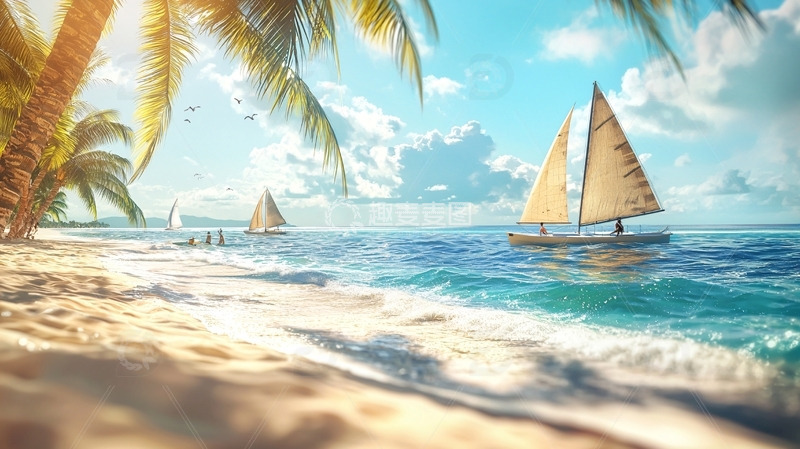 高清大图下载【趣麦麦图】阳光沙滩帆船海景