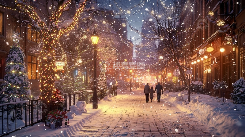 高清大图下载【趣麦麦图】下雪的圣诞节街道