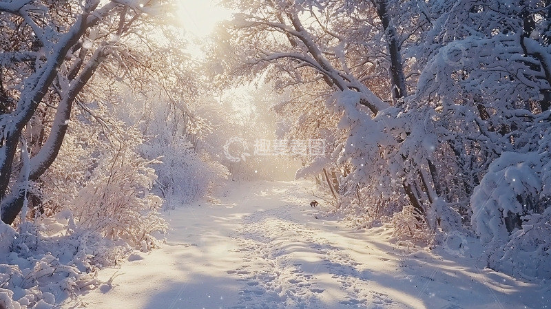 高清大图下载【趣麦麦图】阳光洒落雪地森林小路