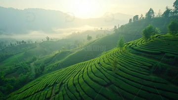 雾气缭绕的梯田茶园
