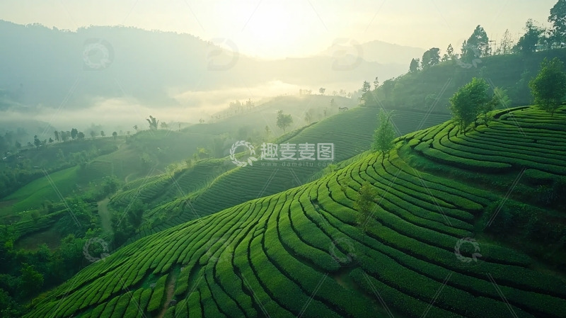 高清大图下载【趣麦麦图】雾气缭绕的梯田茶园