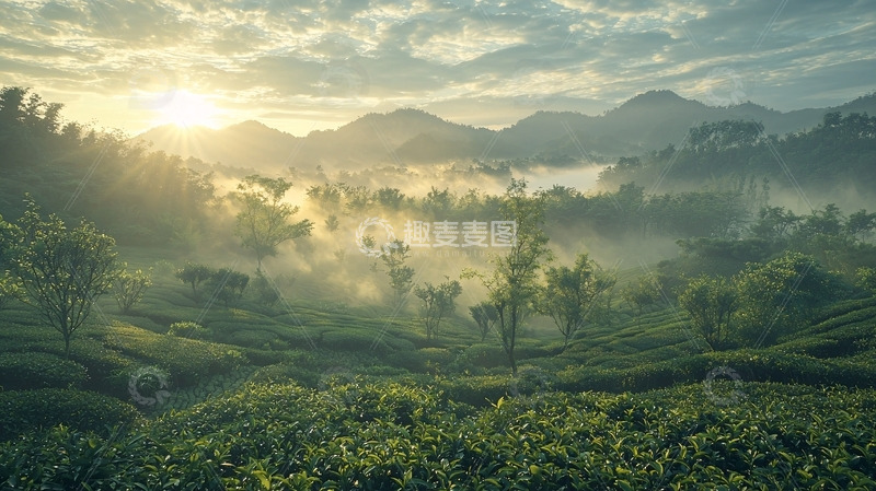 高清大图下载【趣麦麦图】清晨阳光山峦茶园