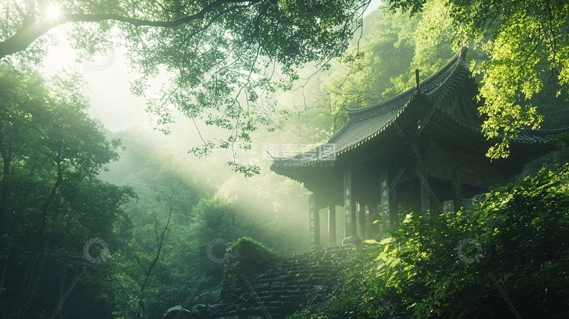 高清大图下载【趣麦麦图】清晨森林古寺