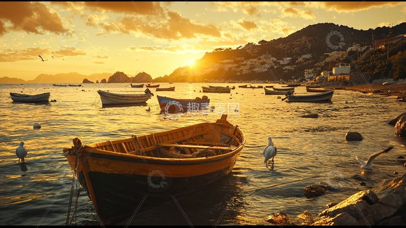 高清大图下载【趣麦麦图】日落海滩渔船