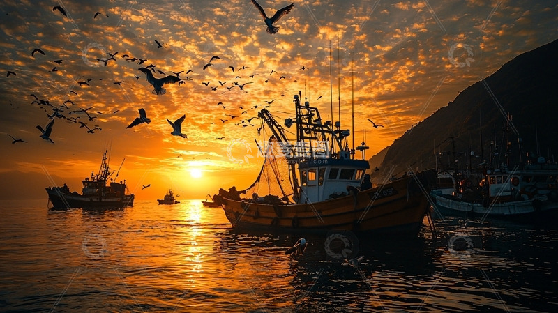 高清大图下载【趣麦麦图】渔船归港落日余晖